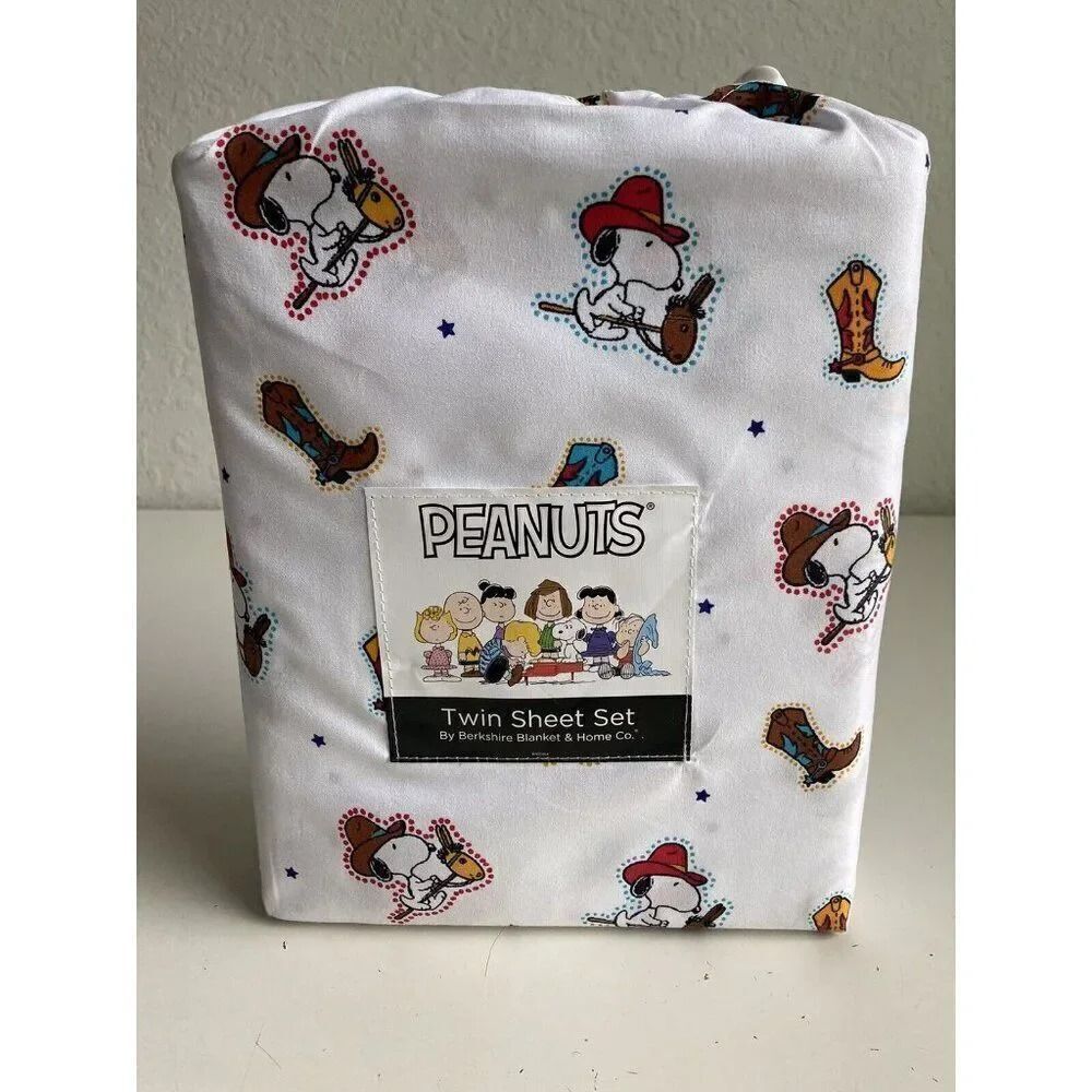 3 Pc PEANUTS Snoopy Cowboy TWIN‎ Sheet Set By Berkshire Super Soft White NEW